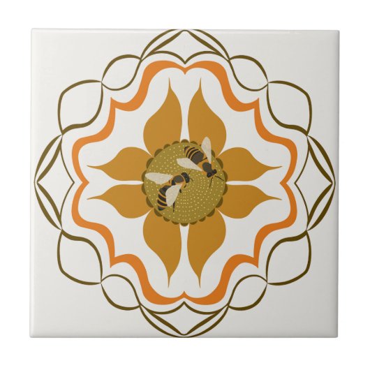 Twee honingbijen zitten op gele bloem tegeltje (Voorkant)