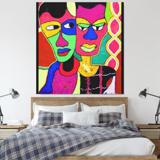 Twee hoofden acryl olie op doek van Moji Okubule Canvas Afdruk (Insitu (Slaapkamer))