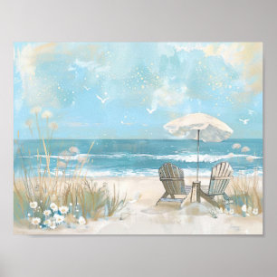 Twee houten stoelen en een parasol op het strand poster