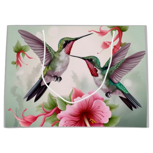 Twee Hummingvogels met roze Hibiscus Flower Groot Cadeauzakje (Voorkant)