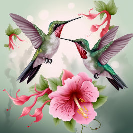Twee Hummingvogels met roze Hibiscus Flower Kussen