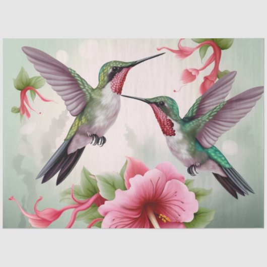 Twee Hummingvogels met roze Hibiscus Flower Tissuepapier (Voorkant)