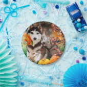 Twee husky-honden, een tuinwagen en pompoenen papieren bordje (Feest)