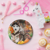 Twee husky-honden, een tuinwagen en pompoenen papieren bordje (Feest)