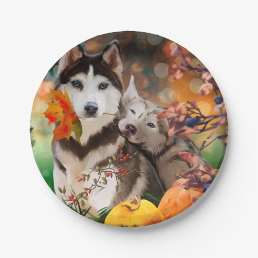 Twee husky-honden, een tuinwagen en pompoenen papieren bordje (Voorkant)