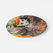 Twee husky-honden, een tuinwagen en pompoenen papieren bordje (Gekanteld)