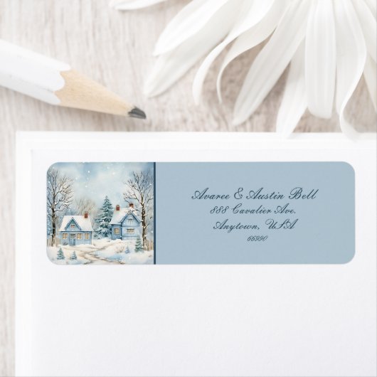 Twee hutten van weleer set winter blauwe scène etiket (Insitu)