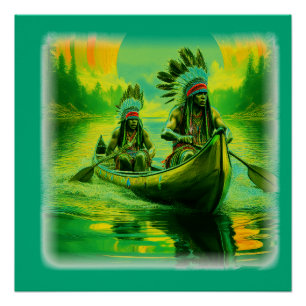 Twee indianen roeien op het meer perfect poster