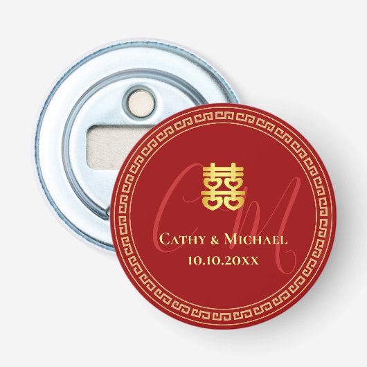 Twee initialen Chinese trouwdag rood Button Flesopener (Voorkant)