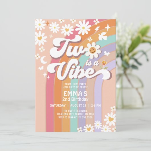 Twee is een Vibe 2e Groovy Rainbow Verjaardag Kaart (Staand voorkant)