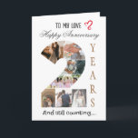 Twee jaar bruiloft Jubileum fotokaart Kaart<br><div class="desc">Vier uw 2 jaar samen met deze prachtige 2 jaar bruiloft Jubileum Photo Collage Kaart! Met een groot, elegant nummer "2"-ontwerp met 7 afbeeldingen sleuven, kunt u met deze kaart uw favoriete herinneringen van uw 2 jaar samen laten zien. Het nummer "2" is creatief gerangschikt met fotolijsten, perfect voor het...</div>
