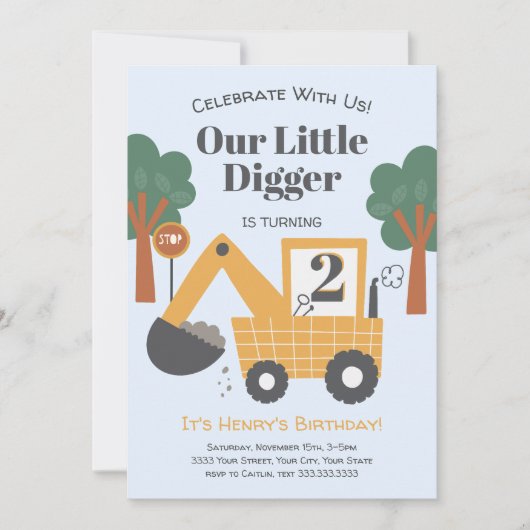 Twee jaar oud bouwthema verjaardagsfeest kaart (Voorkant)