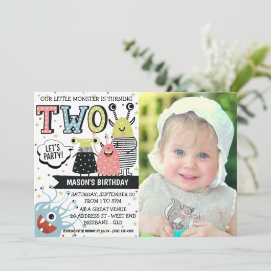 Twee jaar oud Monster Birthday Uitnodiging (Staand voorkant)