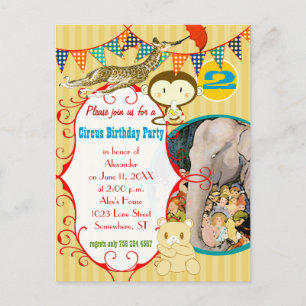 Twee jaar oude Circus Elephant Monkey Giraffe Part Uitnodiging Briefkaart