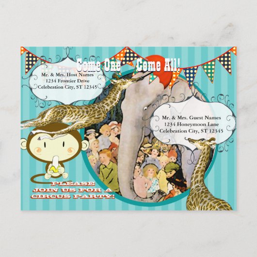Twee jaar oude Circus Elephant Monkey Giraffe Part Uitnodiging Briefkaart (Achterkant)