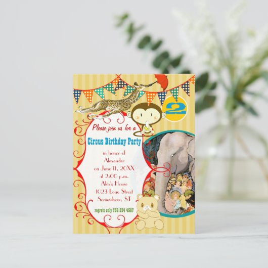 Twee jaar oude Circus Elephant Monkey Giraffe Part Uitnodiging Briefkaart (Staand voorkant)