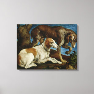 Twee jachthonden gebonden aan een boompomp, c.1548 canvas afdruk