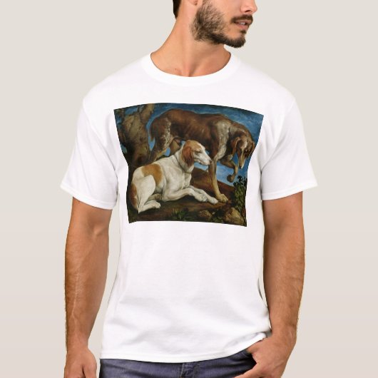 Twee jachthonden gebonden aan een boompomp, c.1548 t-shirt (Voorkant)