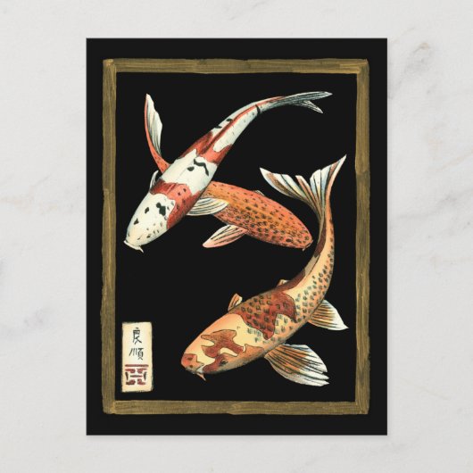 Twee Japanse Koi Goldfish op zwarte achtergrond Briefkaart (Voorkant)
