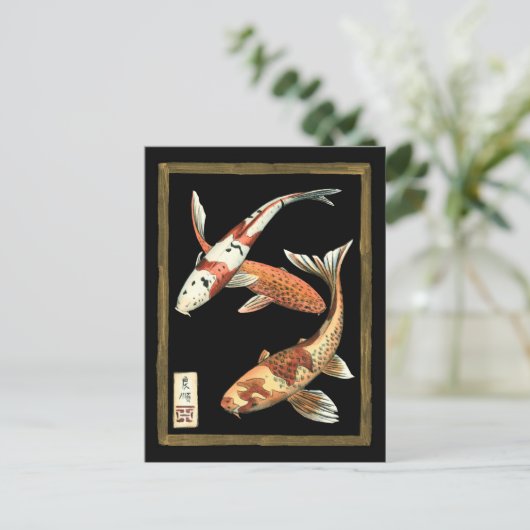 Twee Japanse Koi Goldfish op zwarte achtergrond Briefkaart (Staand voorkant)