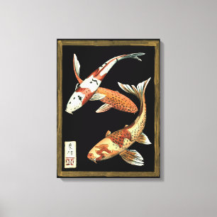 Twee Japanse Koi Goldfish op zwarte achtergrond Canvas Afdruk