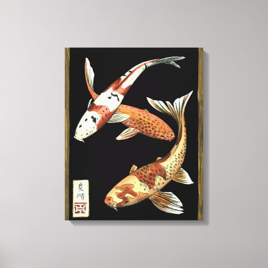 Twee Japanse Koi Goldfish op zwarte achtergrond Canvas Afdruk (Voorkant)