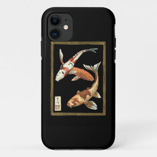 Twee Japanse Koi Goldfish op zwarte achtergrond iPhone 11 Hoesje