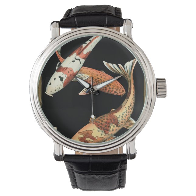 Twee Japanse Koi Goldfish op zwarte achtergrond Horloge (Voorkant)