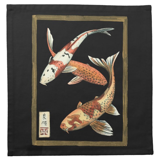 Twee Japanse Koi Goldfish op zwarte achtergrond Katoenen Servet (Voorkant)