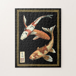 Twee Japanse Koi Goldfish op zwarte achtergrond Legpuzzel