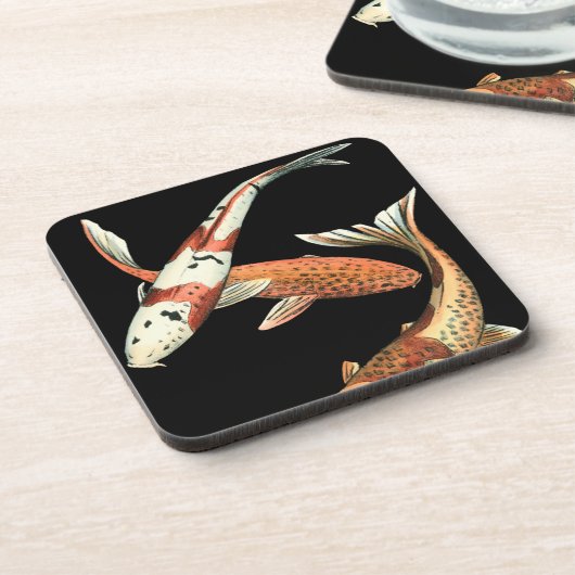 Twee Japanse Koi Goldfish op zwarte achtergrond Onderzetter (Linkerzijde)