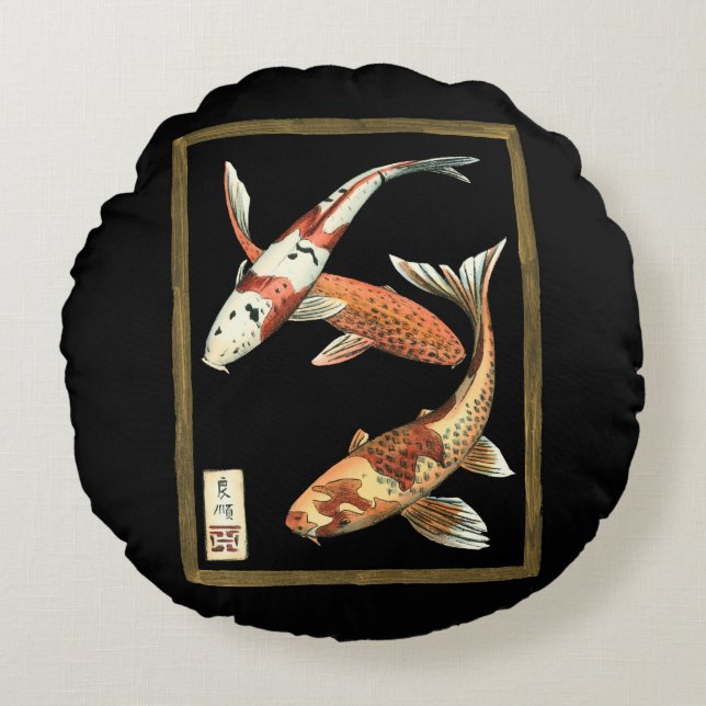 Twee Japanse Koi Goldfish op zwarte achtergrond Rond Kussen (Voorkant)
