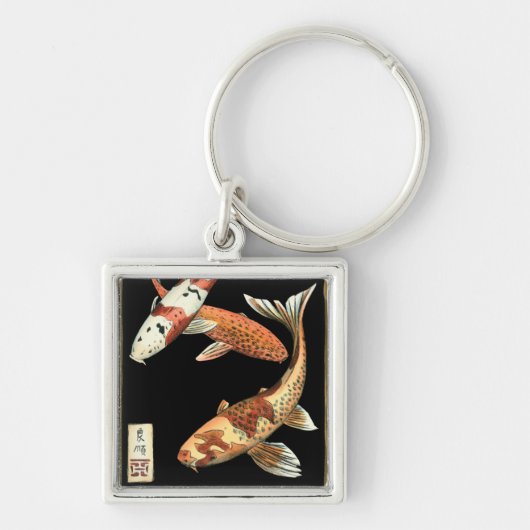 Twee Japanse Koi Goldfish op zwarte achtergrond Sleutelhanger (Voorkant)