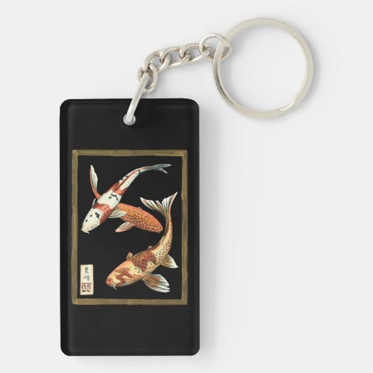 Twee Japanse Koi Goldfish op zwarte achtergrond Sleutelhanger (achterkant)