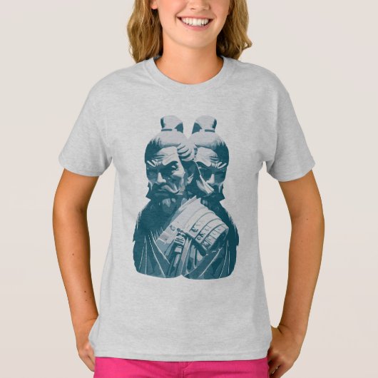 Twee Japanse Samurai-standbeelden ontwerp T-shirt (Voorkant)