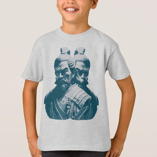 Twee Japanse Samurai-standbeelden ontwerp T-shirt (Voorkant)