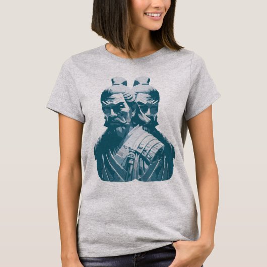 Twee Japanse Samurai-standbeelden ontwerp T-shirt (Voorkant)