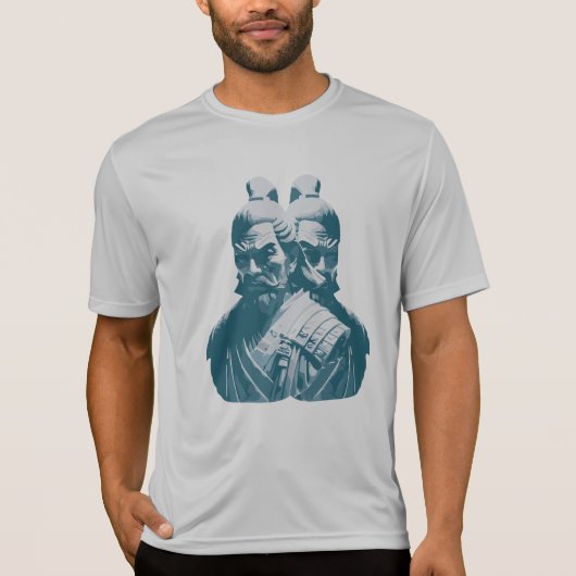 Twee Japanse Samurai-standbeelden ontwerp T-shirt (Voorkant)
