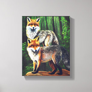 twee jonge Foxes-dieren natuur in het wild Canvas Afdruk