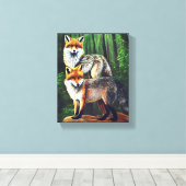 twee jonge Foxes-dieren natuur in het wild Canvas Afdruk (Insitu (Houten vloer))