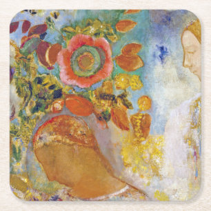 Twee jonge meisjes onder Flowers, Redon Kartonnen Onderzetters