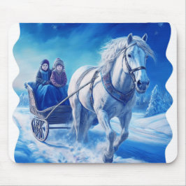 Twee jonge meisjes op een besneeuwde slee rijden muismat