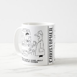 Twee jonge overwerkte Cartoons Koffiemok