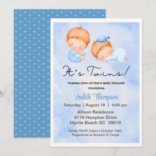 Twee jongens: Blue Sky Clouds baby shower-uitnodig Kaart (Voorkant / Achterkant)