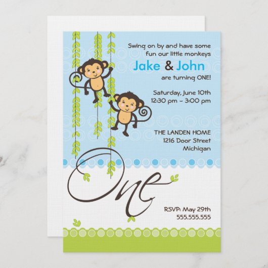 Twee jongens eerste uitnodiging van de verjaardag (Voorkant / Achterkant)