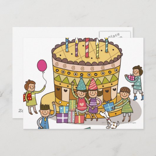 Twee jongens en drie meisjes op een feestje briefkaart (Voorkant / Achterkant)