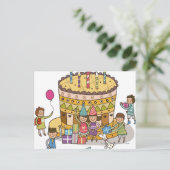 Twee jongens en drie meisjes op een feestje briefkaart (Staand voorkant)