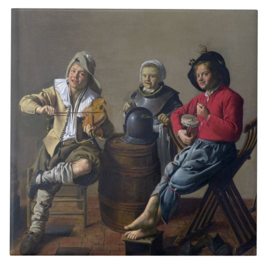 Twee jongens en een meisje die muziek maken (muzik tegeltje (Voorkant)