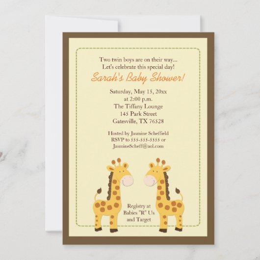 Twee jongens Giraffe 5x7 Baby shower uitnodiging (Voorkant)