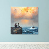 Twee jongens kijken naar een boot in het Zee Canvas Afdruk (Insitu (Houten vloer))